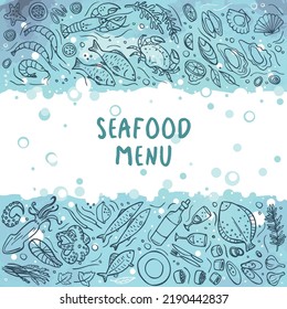 Set of doodle seafood on blue watercolor background. Vector illustration. Perfect for dessert menu or food package design.