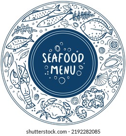 Set of doodle seafood on white background. Vector illustration. Perfect for dessert menu or food package design.