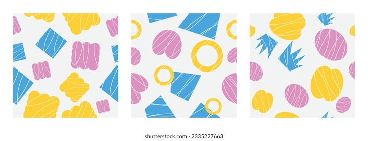 Set of doodle in seamless pattern. Abstract art background vector design with childish scribble, heart, circle, crown in vibrant color. Fun creative illustration for kids, fabric, prints, cover.