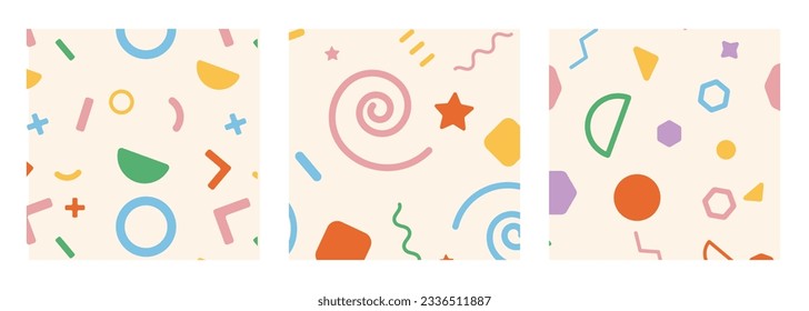 Conjunto de garabatos en un patrón sin fisuras. Resumen de diseño vectorial de fondo de arte con garabatos infantiles, doodle, estrella, geométrico en color vibrante. Divertida ilustración creativa para niños, tela, huellas, cubierta.