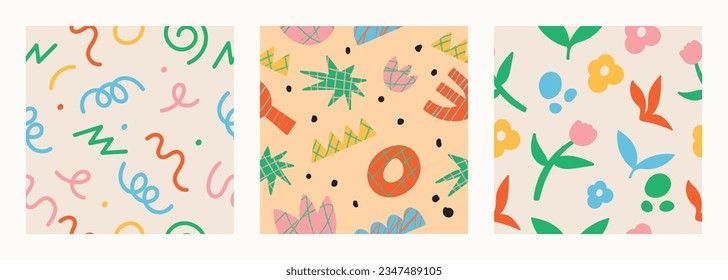 Set of doodle in seamless pattern. Abstract art background vector design with childish scribble, flower, leaf in vibrant color. Fun creative illustration for kids, fabric, prints, cover.