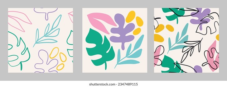Set of doodle in seamless pattern. Abstract art background vector design with childish scribble, leaves branch in vibrant color. Fun creative illustration for kid, fabric, prints, cover.