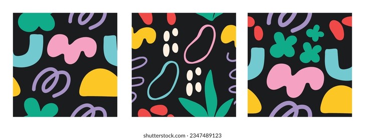 Set of doodle in seamless pattern. Abstract art background vector design with childish scribble, organic shapes, flower in vibrant color. Fun creative illustration for kid, fabric, prints, cover.