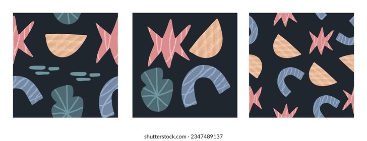 Conjunto de garabatos en un patrón sin fisuras. Resumen de diseño vectorial de fondo de arte con garabatos infantiles, estrellas, formas orgánicas en color vibrante. Divertida ilustración creativa para niños, tela, huellas, cubierta.