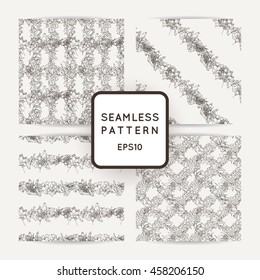 Set of doodle seamless patterns with various doodle flowers, leaves and branches. Simple floral ornaments.