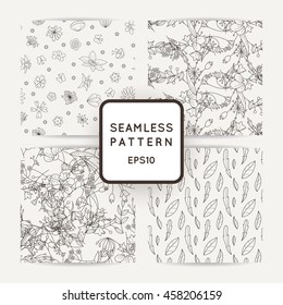 Set of doodle seamless patterns with various doodle flowers, leaves and branches. Simple floral ornaments.