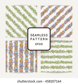 Set of doodle seamless patterns with various doodle flowers, leaves and branches. Simple floral ornaments.