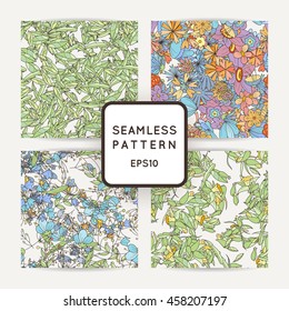 Set of doodle seamless patterns with various doodle flowers, leaves and branches. Simple floral ornaments.