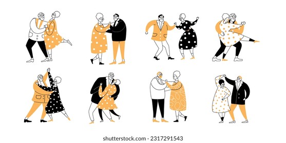 Set of doodle senior couple lovers enjoy time together, dancing, embracing, holding hands. Elder Valentine's day concept. Cute old characters dance. Simple hand drawn line and flat vector illustration