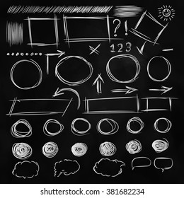 Set doodle shapes for message. Pencil sketches. Hand drawn scribble shapes and arrows. School blackboard texture with black shadow in vector. Dark background for message