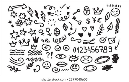 Set of doodle sign. Number, arrow, stars, sparkles line element. Hand drawn pen stroke collection on white background