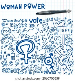A set of doodle signs of feminism, women s rights. Grunge hand drawn vector icons of Feminism protest symbol isolated on transparency background. A rally to fight for voting rights