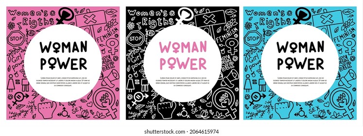 A set of doodle signs of feminism, women s rights. Grunge hand drawn vector icons of Feminism protest symbol isolated on transparency background. A rally to fight for voting rights