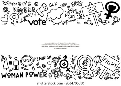 Un conjunto de señales de doodle de feminismo, derechos de las mujeres. Iconos vectores dibujados a mano del símbolo de protesta Feminismo aislados en el fondo de la transparencia. Manifestación para luchar por los derechos de voto