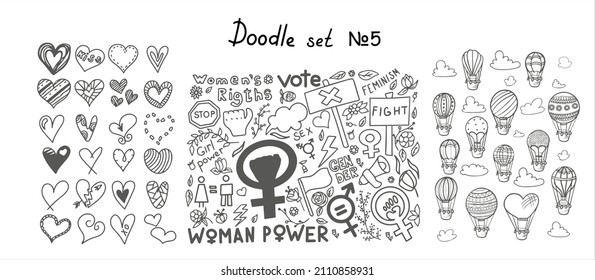 A set of doodle signs of feminism, women s rights, set of hot air balloons and hearts. Hand drawn vector icons of Feminism protest symbols, icons for 8 march. A rally to fight for voting rights. Sky