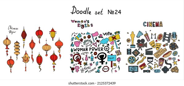 A set of doodle signs of feminism, women s rights. Hand drawn vector icons set of chinese paper lanterns and Cinema, TV Shows, Series and Movies. A rally to fight for voting rights. International