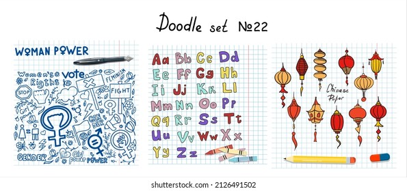 A set of doodle signs of feminism, women s rights. Hand drawn vector icons set of chinese paper lanterns and Cinema, TV Shows, Series and Movies. A rally to fight for voting rights. International