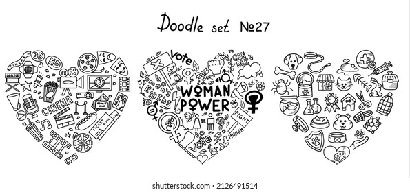 A set of doodle signs of feminism, women s rights. Hand drawn vector icons set of pets and Cinema, TV Shows, Series and Movies. A rally to fight for voting rights. International women s day 8 march