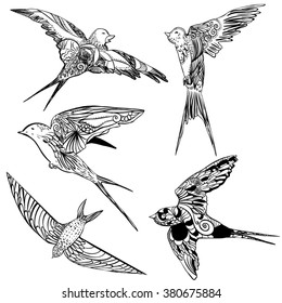 Set doodle silhouettes swallows