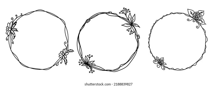 Set of doodle simple circle frame with elegant leaves, twig and floral element. Vector isolated clip art on white background. Hand drawn floral wreaths.