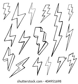 Set Of Doodle Simple Lightning, Group Of Hand Drawn Objects