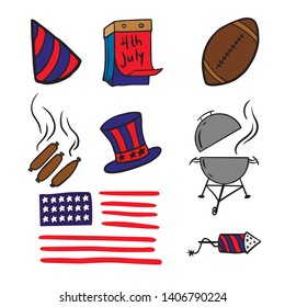 Set Doodle Sketch America Independence Day, cartoon drawings for July 4th on a white background