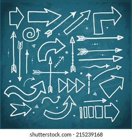 Set of doodle sketch arrows on blackboard. Vector illustration. 