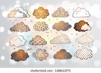 Set of doodle sketch clouds on white glowing background