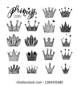 Set of doodle sketch crowns for your design. Crowns logo set isolated on white background, princess diadem symbol, doodle illustration, beauty and fashion shopping concept. Vector illustration.