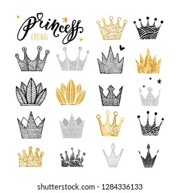 Set of doodle sketch crowns for your design. Black, gold and gray crowns logo set isolated on white background, princess diadem symbol, beauty and fashion shopping concept. Vector illustration.