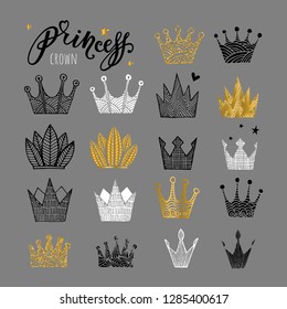 Set of doodle sketch crowns for your design. Black, gold and white crowns logo set isolated on gray background, princess diadem symbol, beauty and fashion shopping concept. Vector illustration