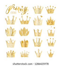 Set of doodle sketch crowns for your design. Gold crowns logo set isolated on white background, princess diadem symbol, doodle illustration, beauty and fashion shopping concept. Vector illustration.