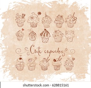 Set of doodle sketch cupcakes with decorations. Vector illustration.