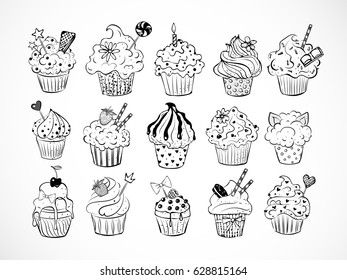 Set of doodle sketch cupcakes with decorations. Vector illustration.