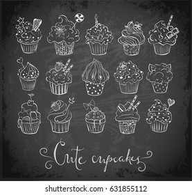 Set of doodle sketch cupcakes with decorations. Vector illustration.