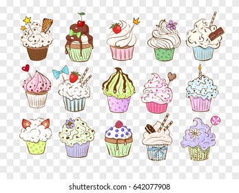 Set of doodle sketch cupcakes with decorations. Vector illustration.