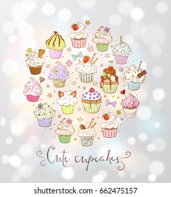Set of doodle sketch cupcakes with decorations on white glowing background. Vector illustration.