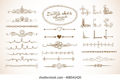 Set of doodle sketch decorative dividers, corners, text frames and borders isolated on white background. Vector illustration.