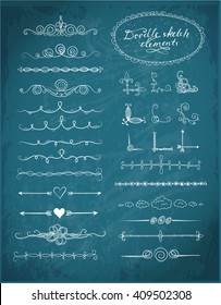 Set of doodle sketch decorative dividers, corners, text frames and borders isolated on on blackboard background.. Vector illustration.