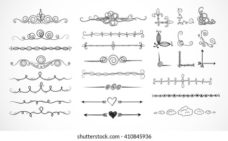 Set of doodle sketch decorative dividers, corners, text frames and borders isolated on white background. Vector illustration.
