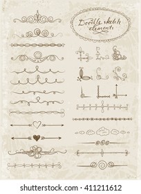 Set of doodle sketch decorative dividers, corners, text frames and borders isolated on vintage background. Vector illustration.