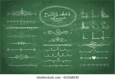 Set of doodle sketch decorative dividers, corners, text frames and borders isolated on blackboard background.. Vector illustration.