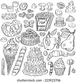 Set of doodle sketch fast food and sweet food.