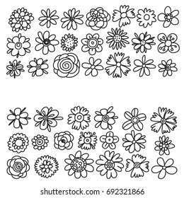 Set of doodle sketch flowers. Collection of doodle flowers icons. Vector illustration.