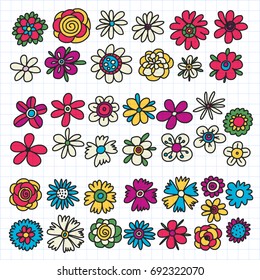 Set of doodle sketch flowers. Collection of doodle flowers icons. Vector illustration.