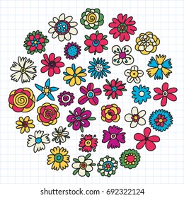 Set of doodle sketch flowers. Collection of doodle flowers icons. Vector illustration.