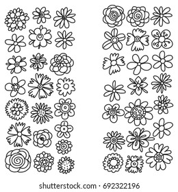 Set of doodle sketch flowers. Collection of doodle flowers icons. Vector illustration.