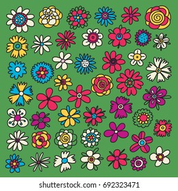 Set of doodle sketch flowers. Collection of doodle flowers icons. Vector illustration.