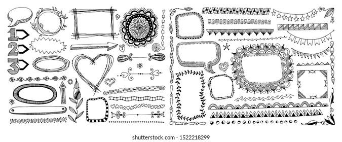 set of doodle sketch frame, line, corner and divider vector illustration