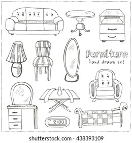 Set of doodle sketch furniture. Isolated vector illustration